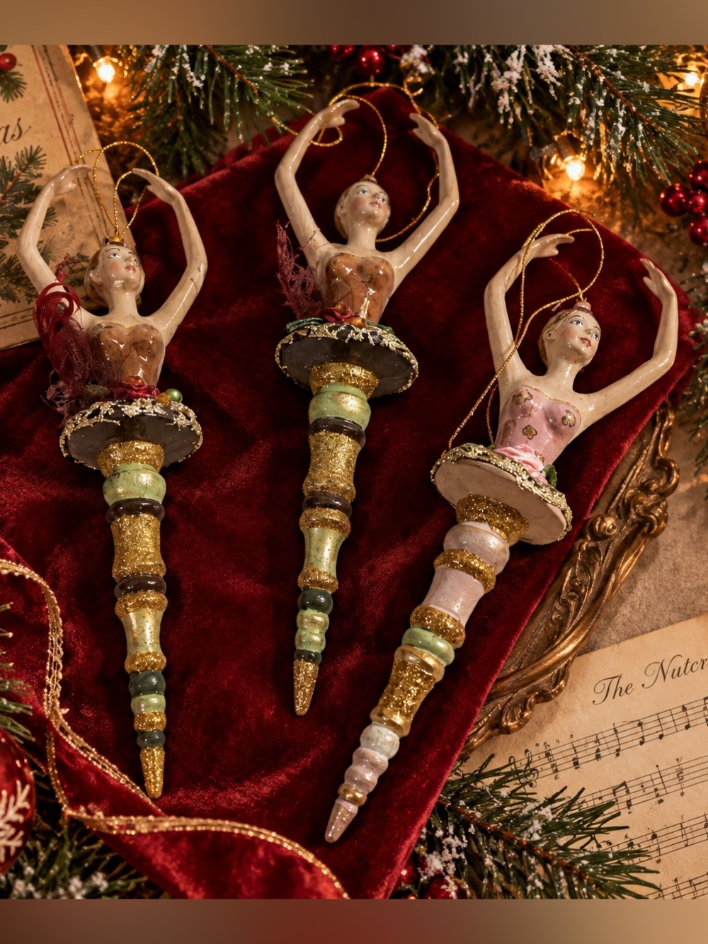 Vintage Ballerina Icicle Style Christmas Ornament Lot of 3 Ceramic